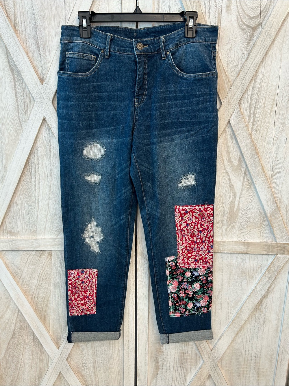 Vincent Dark Blue Boyfriend Jeans with Red and Pink Floral Patches